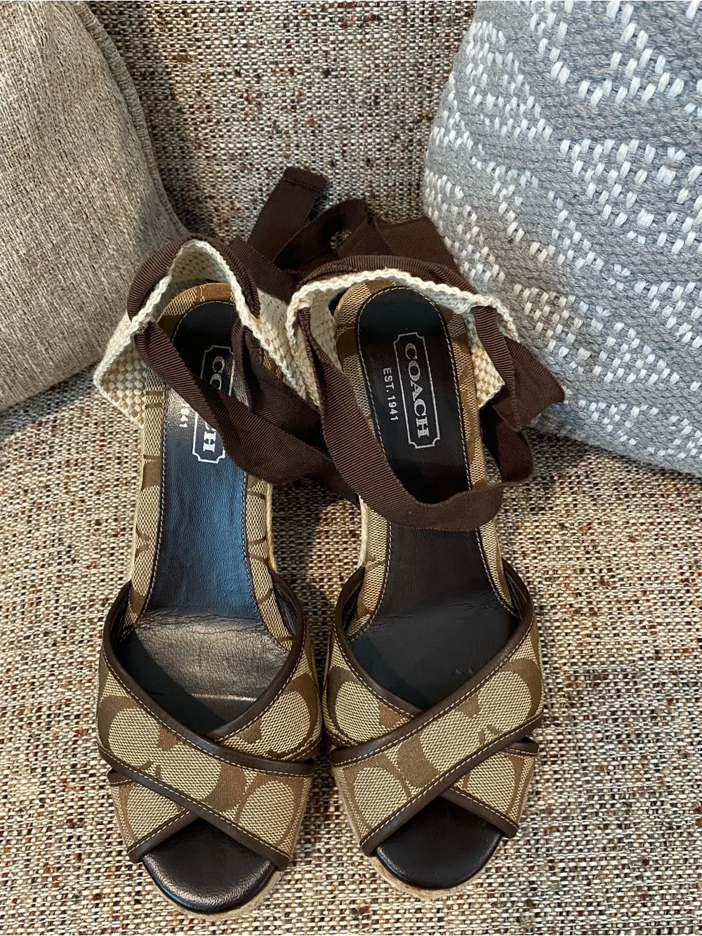 Coach Tan and Brown Signature Canvas Wedge Sandals with Ankle Wrap